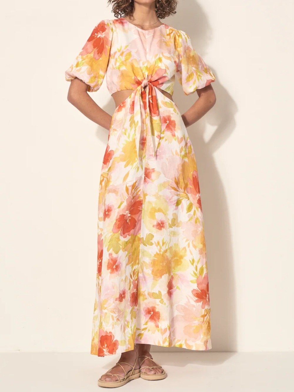 Kivari Genevieve Cut-Out Waist 100% Linen Maxi Dress